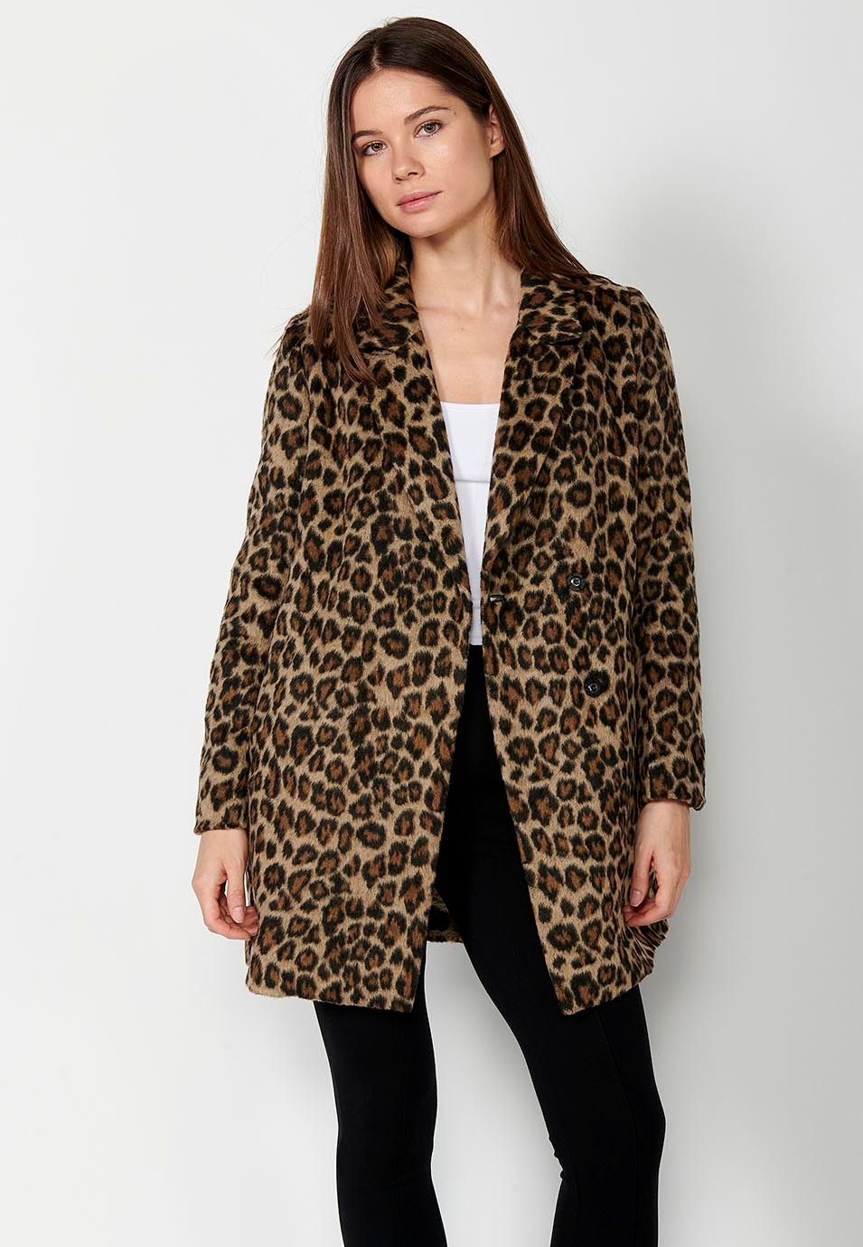 Abrigo corto estampado leopardo forrado con pelo sintetico y cuello con solapa para mujer