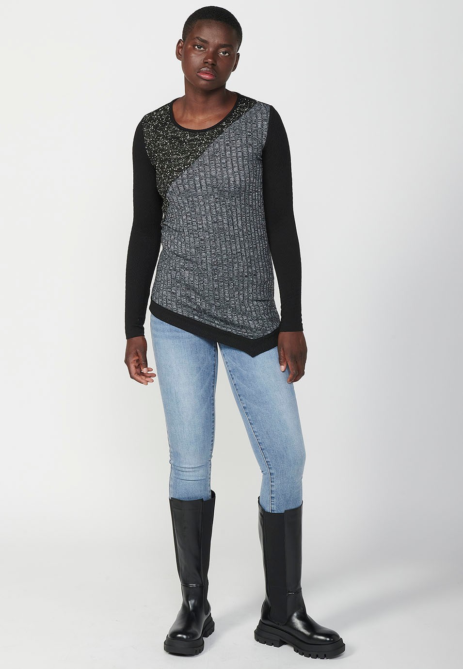 Women's Multicolor Mixed Fabric Long Sleeve Round Neck Patch T-Shirt