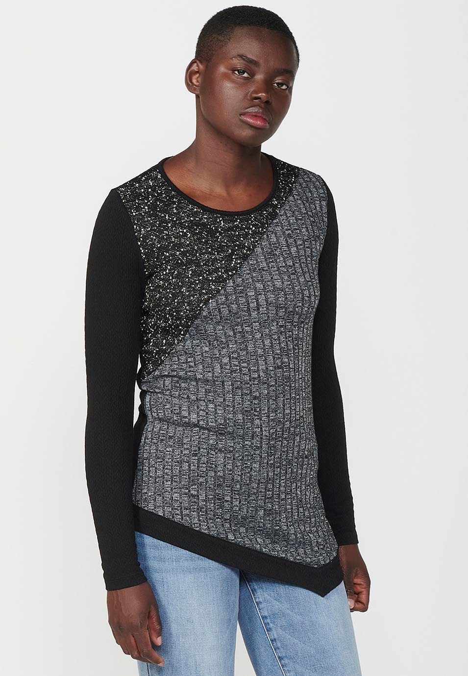 Women's Multicolor Mixed Fabric Long Sleeve Round Neck Patch T-Shirt
