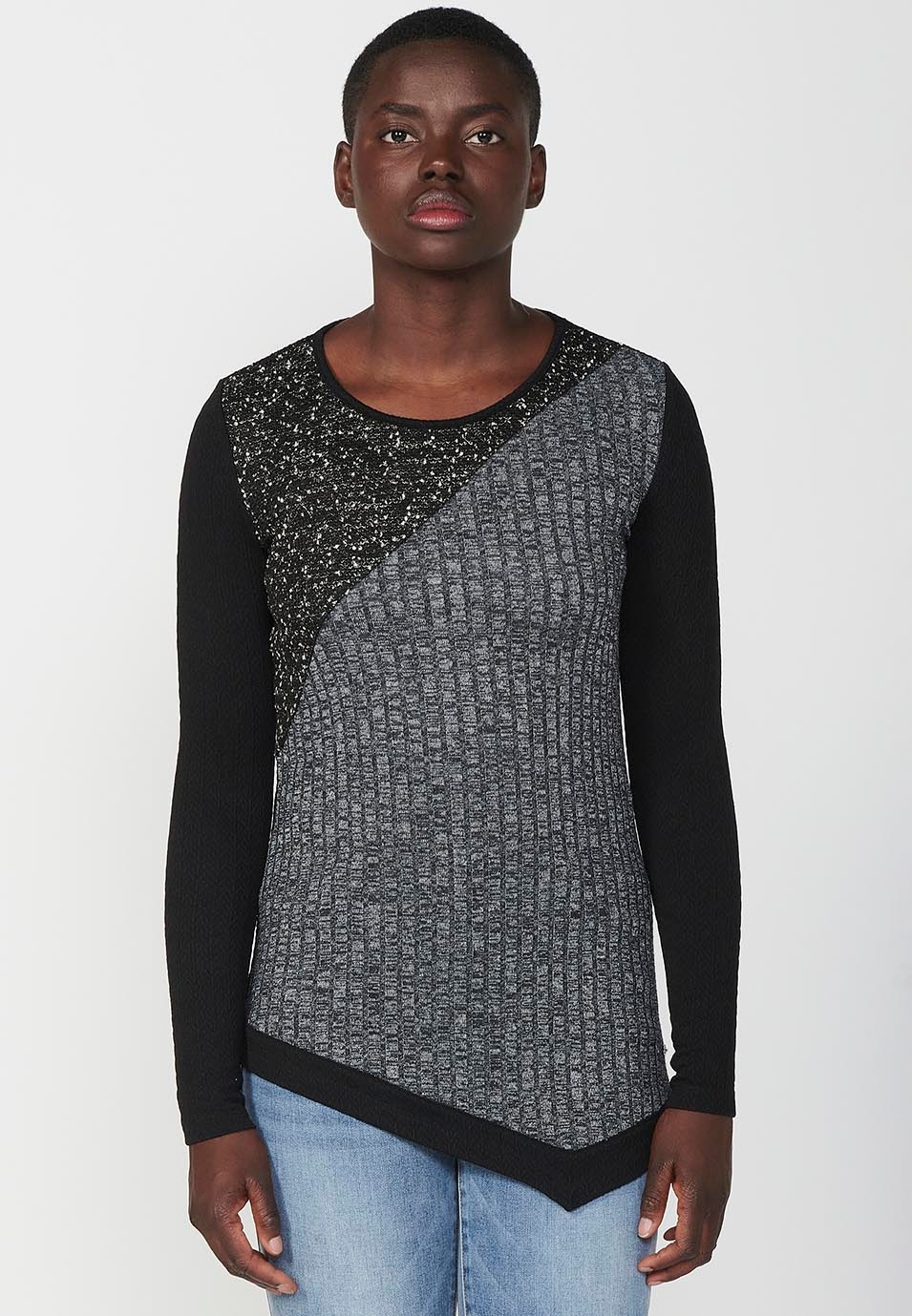 Women's Multicolor Mixed Fabric Long Sleeve Round Neck Patch T-Shirt