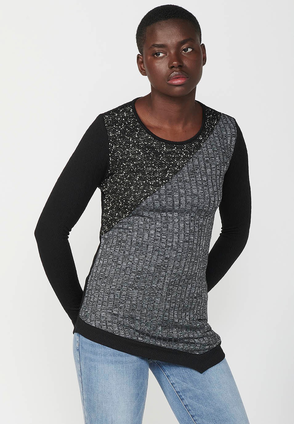 Women's Multicolor Mixed Fabric Long Sleeve Round Neck Patch T-Shirt