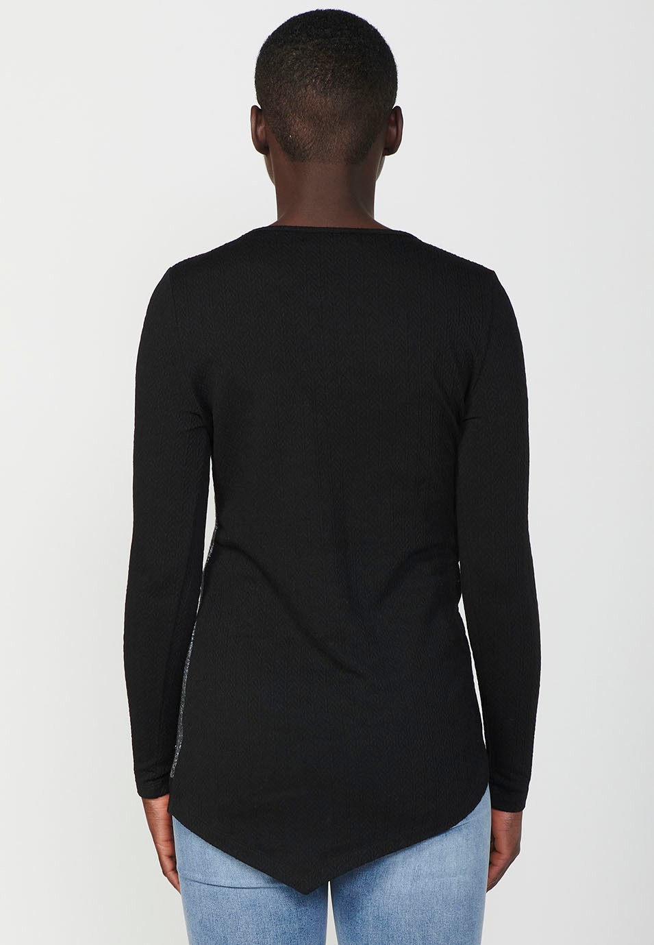 Women's Multicolor Mixed Fabric Long Sleeve Round Neck Patch T-Shirt