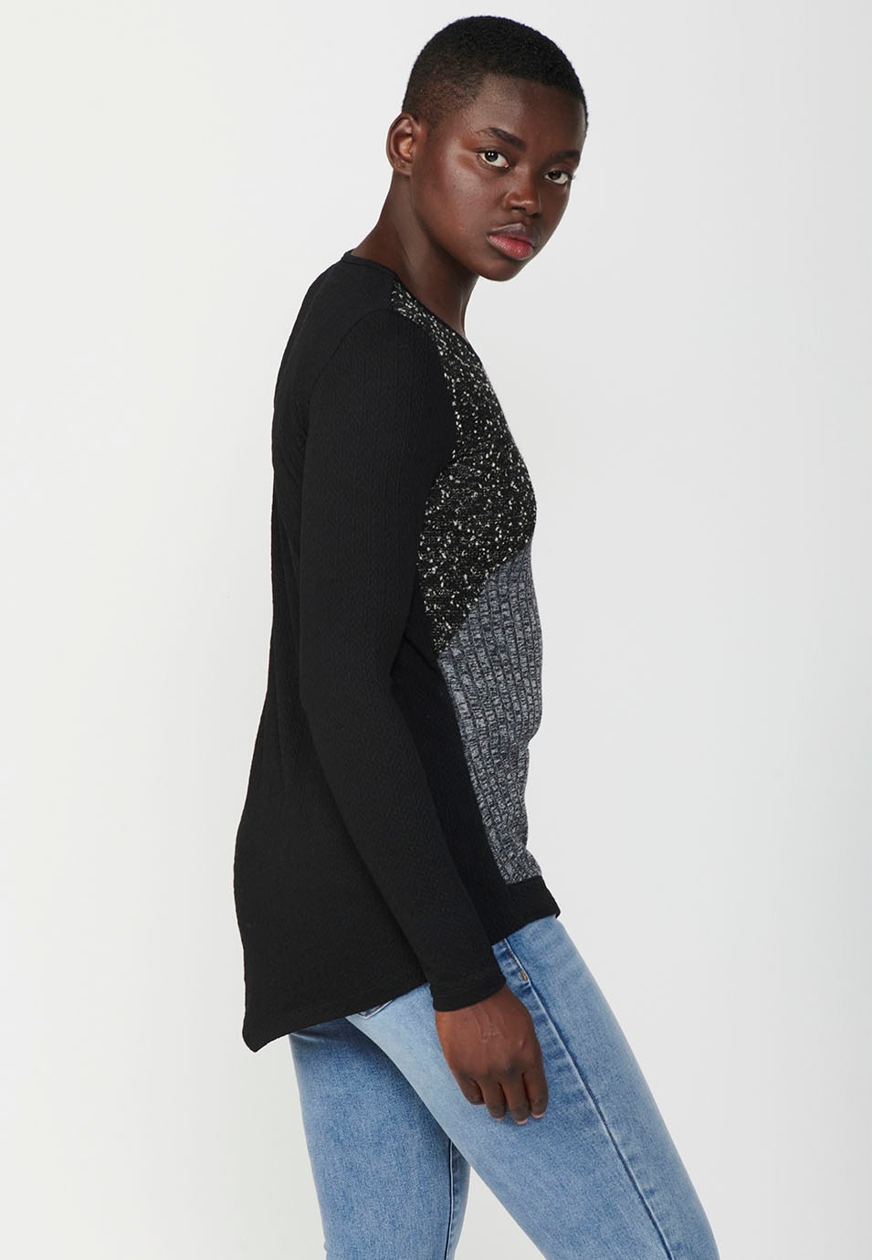 Women's Multicolor Mixed Fabric Long Sleeve Round Neck Patch T-Shirt