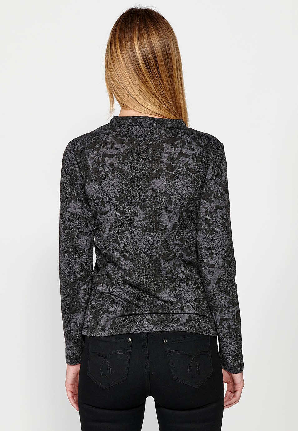 Langärmliges T-Shirt mit Stehkragen mit Knöpfen und passendem Aufdruck und Stickerei am Ausschnitt in Schwarz für Damen