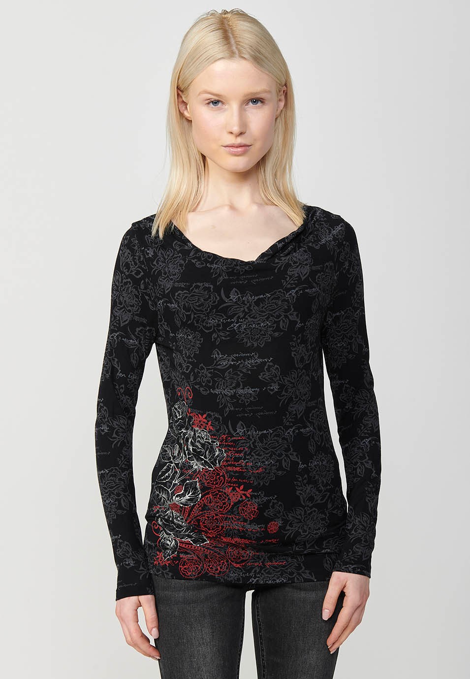Women's Black Floral Print Boat Neck Long Sleeve T-Shirt