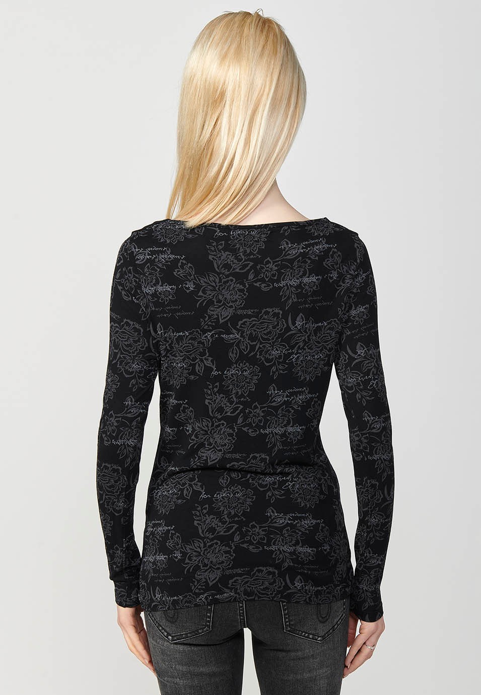Women's Black Floral Print Boat Neck Long Sleeve T-Shirt