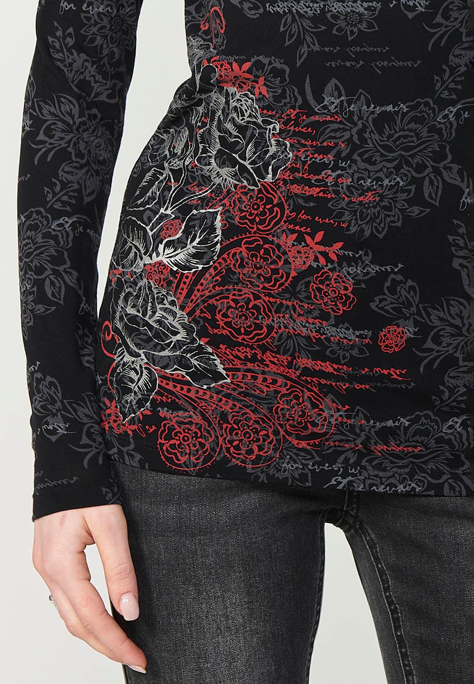 Women's Black Floral Print Boat Neck Long Sleeve T-Shirt