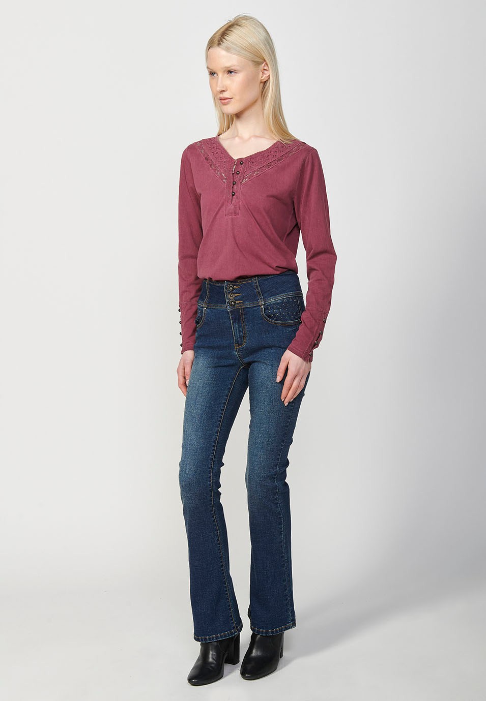 Women's Garment Dyed Long Sleeve Neckline T-Shirt with Embroidery Detail and Placket in Burgundy