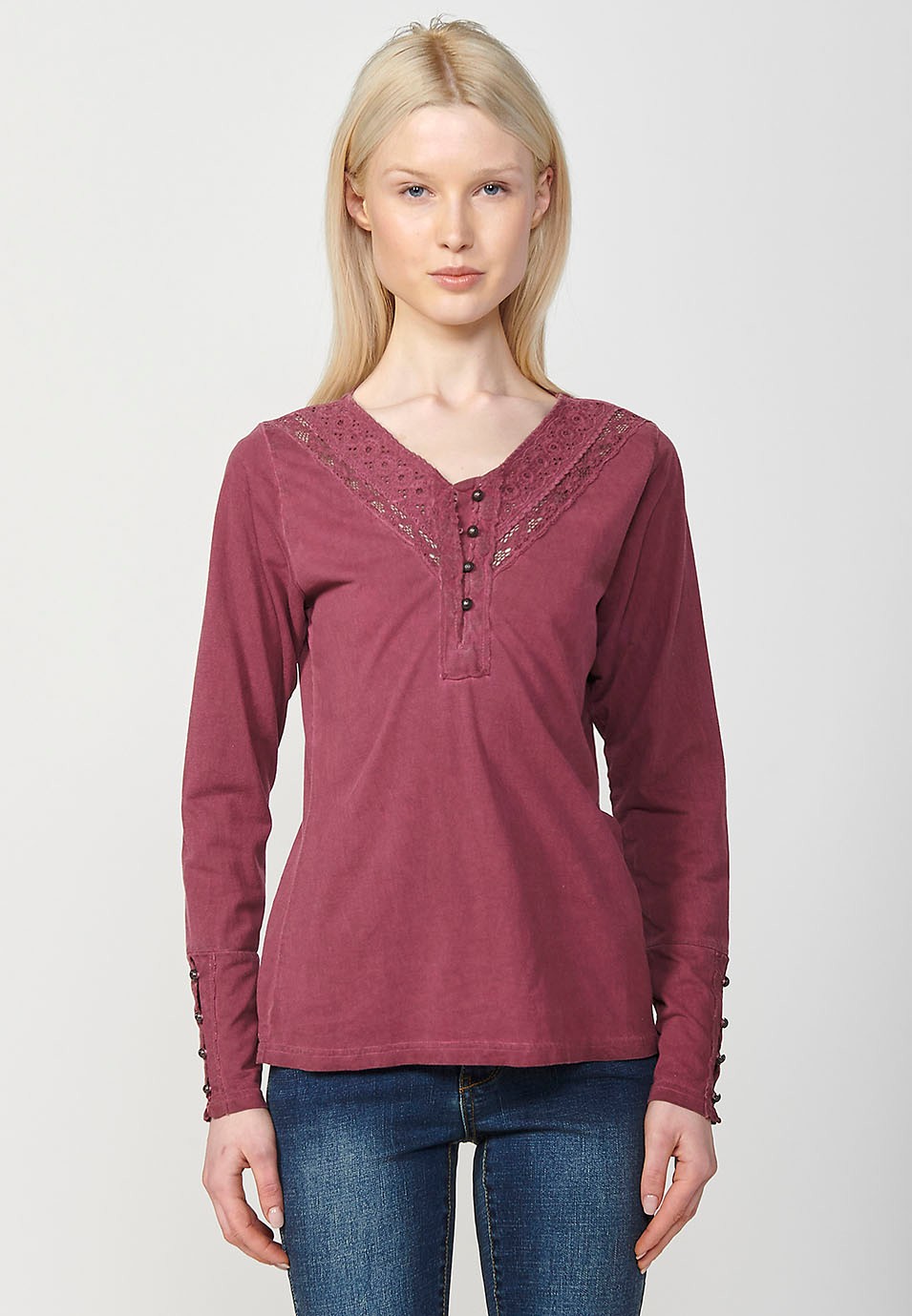 Women's Garment Dyed Long Sleeve Neckline T-Shirt with Embroidery Detail and Placket in Burgundy