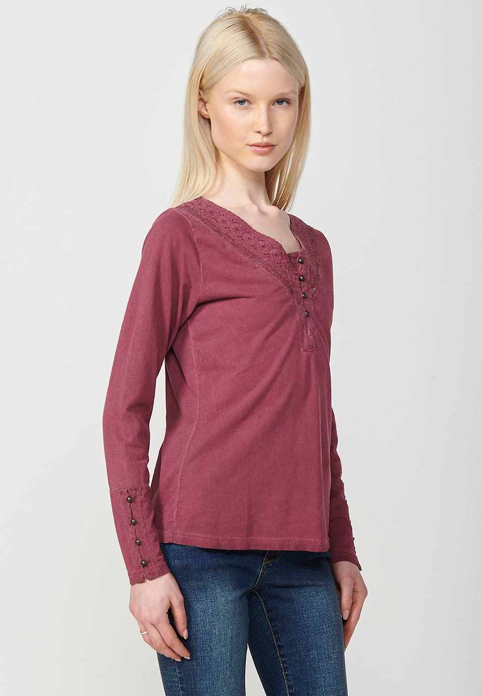 Women's Garment Dyed Long Sleeve Neckline T-Shirt with Embroidery Detail and Placket in Burgundy