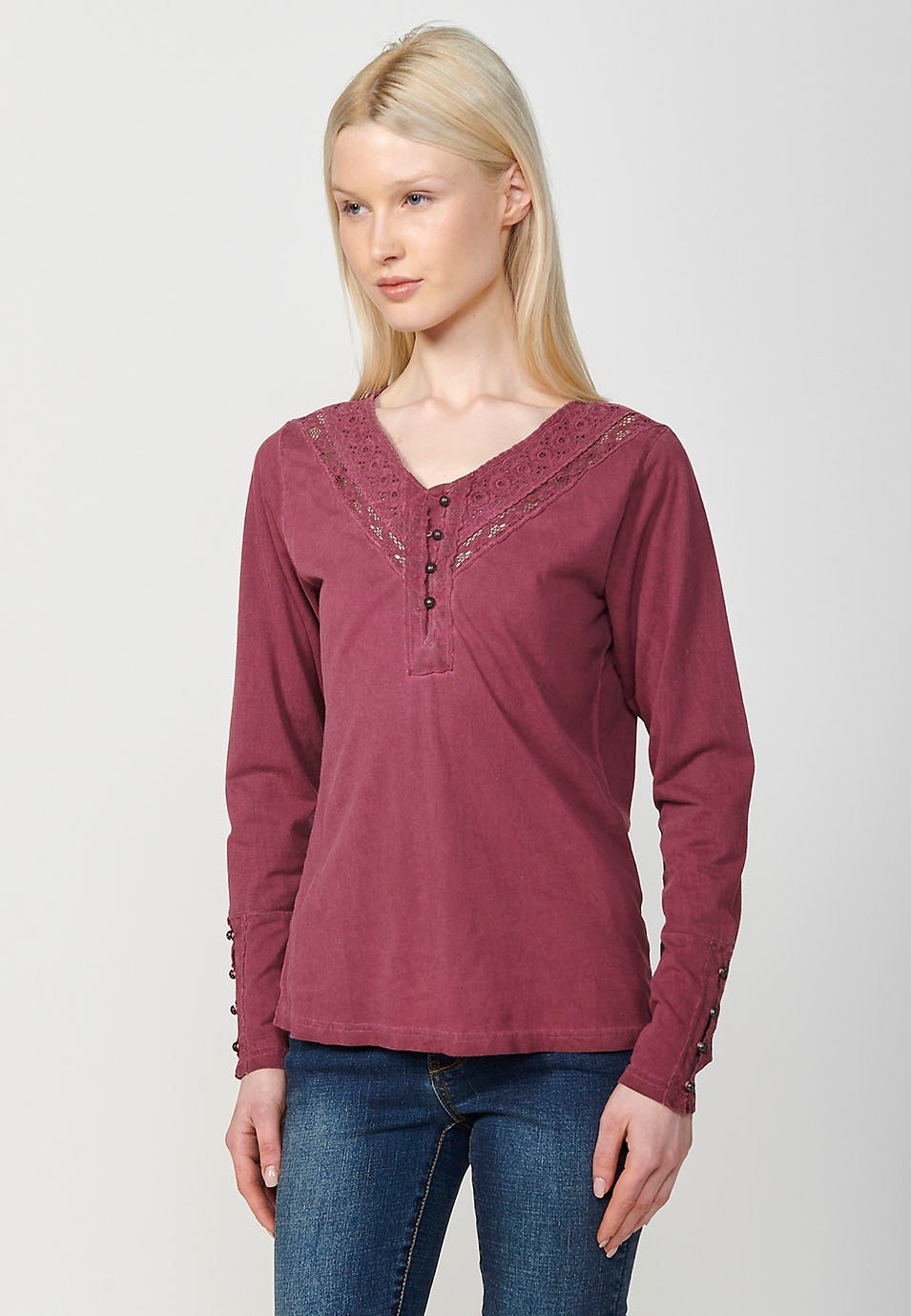 Women's Garment Dyed Long Sleeve Neckline T-Shirt with Embroidery Detail and Placket in Burgundy