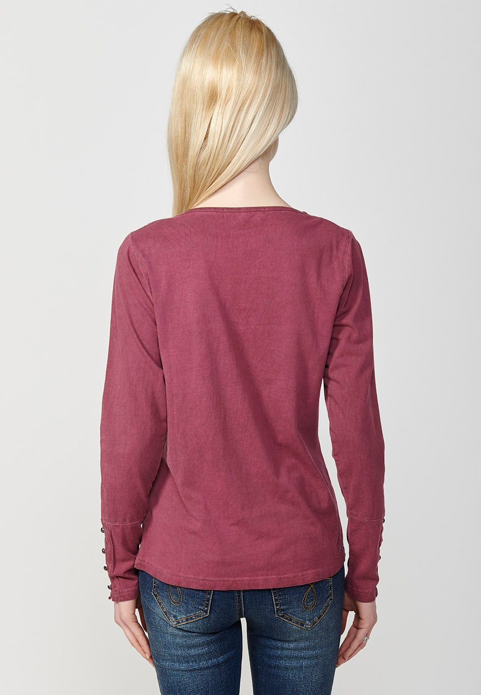 Women's Garment Dyed Long Sleeve Neckline T-Shirt with Embroidery Detail and Placket in Burgundy