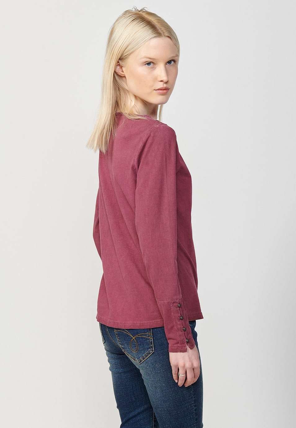 Women's Garment Dyed Long Sleeve Neckline T-Shirt with Embroidery Detail and Placket in Burgundy