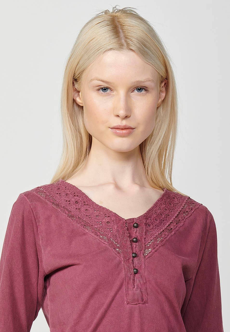 Women's Garment Dyed Long Sleeve Neckline T-Shirt with Embroidery Detail and Placket in Burgundy