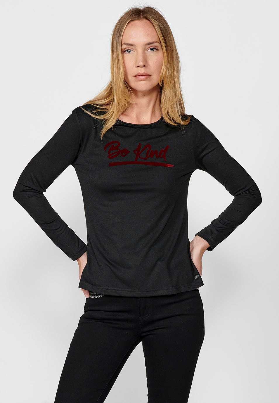 Women's Black Velvet Be Kind Print Crew Neck Long Sleeve T-Shirt