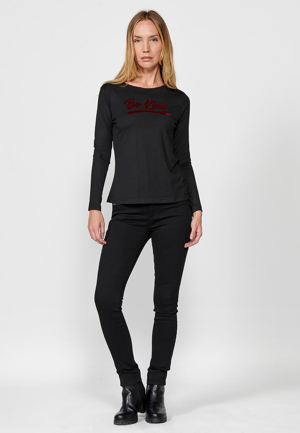 Women's Black Velvet Be Kind Print Crew Neck Long Sleeve T-Shirt