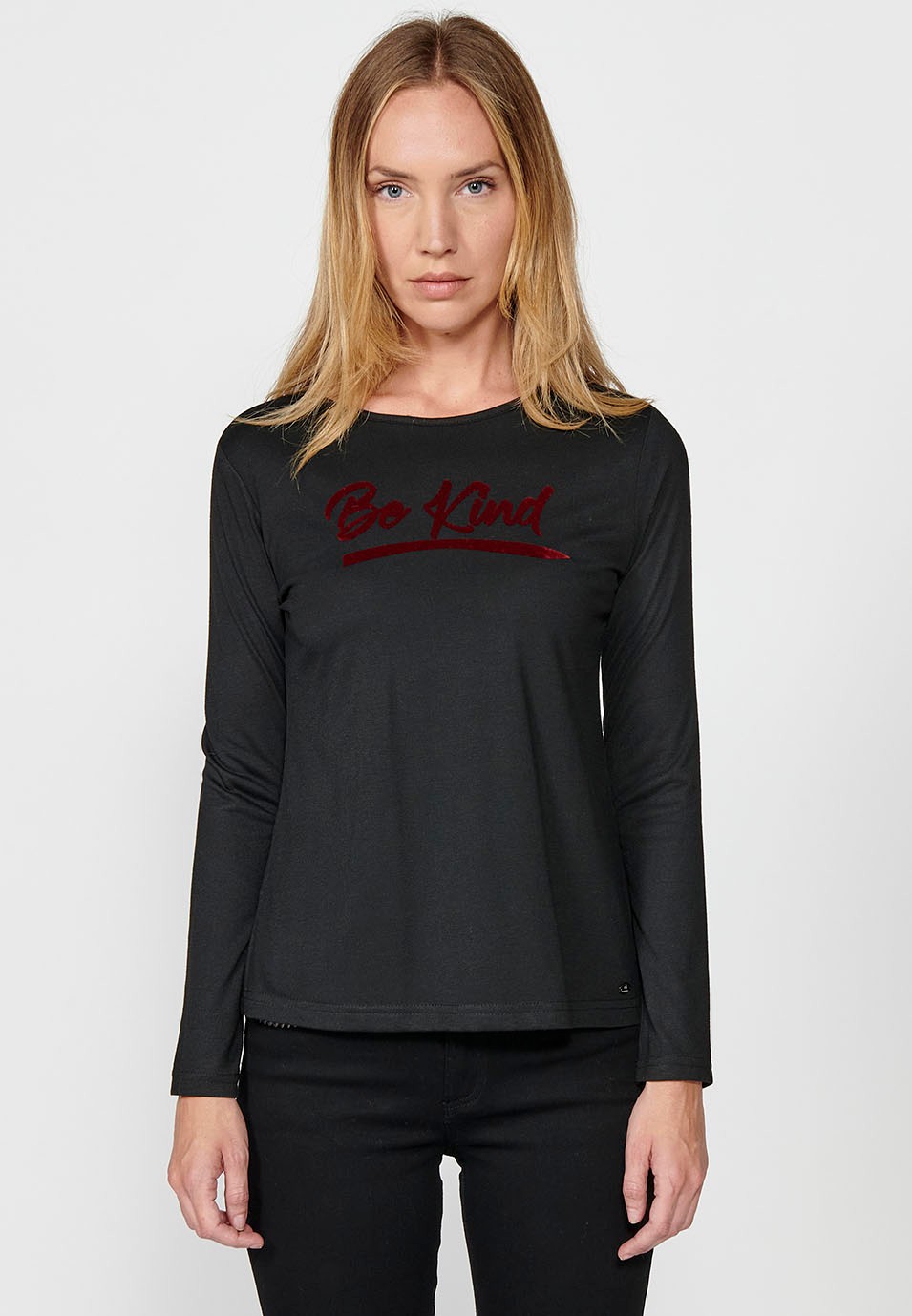Women's Black Velvet Be Kind Print Crew Neck Long Sleeve T-Shirt