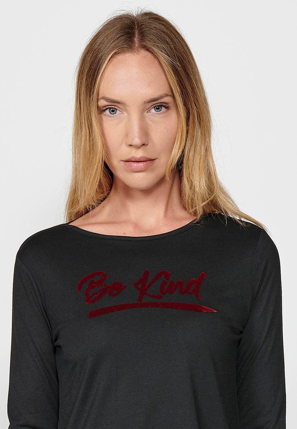Women's Black Velvet Be Kind Print Crew Neck Long Sleeve T-Shirt