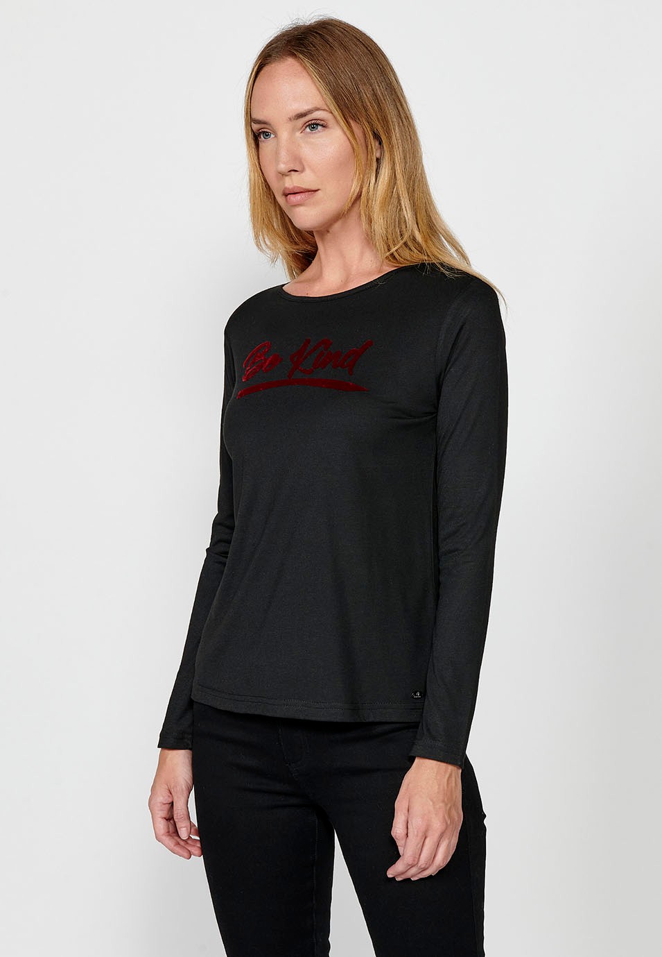Women's Black Velvet Be Kind Print Crew Neck Long Sleeve T-Shirt
