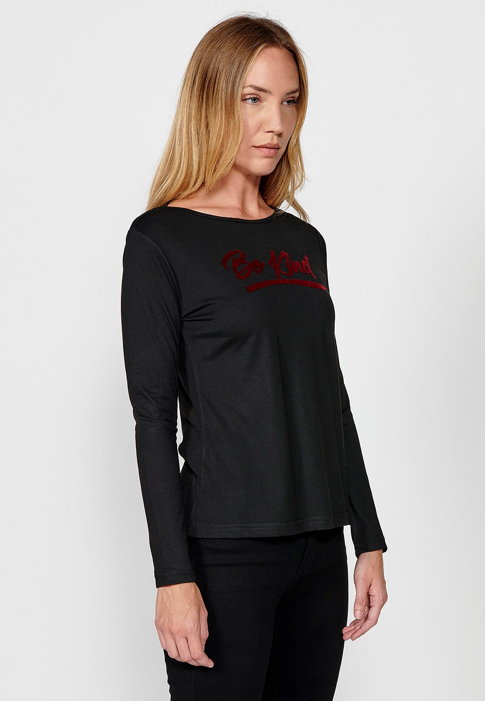 Women's Black Velvet Be Kind Print Crew Neck Long Sleeve T-Shirt