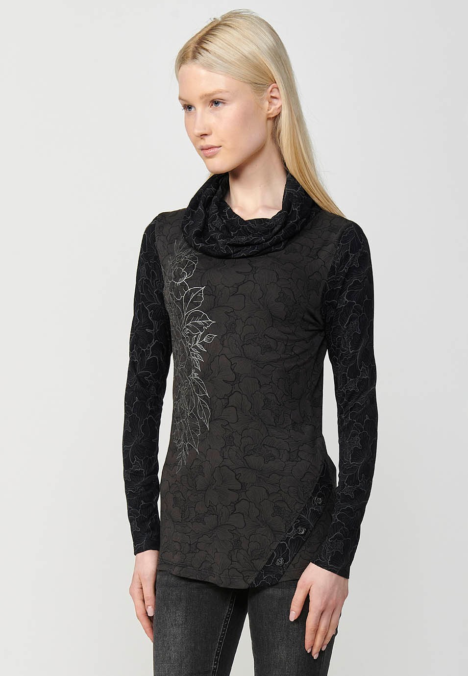 Women's Long Sleeve High Neck T-Shirt with Foil Detail on Right Shoulder in Grey