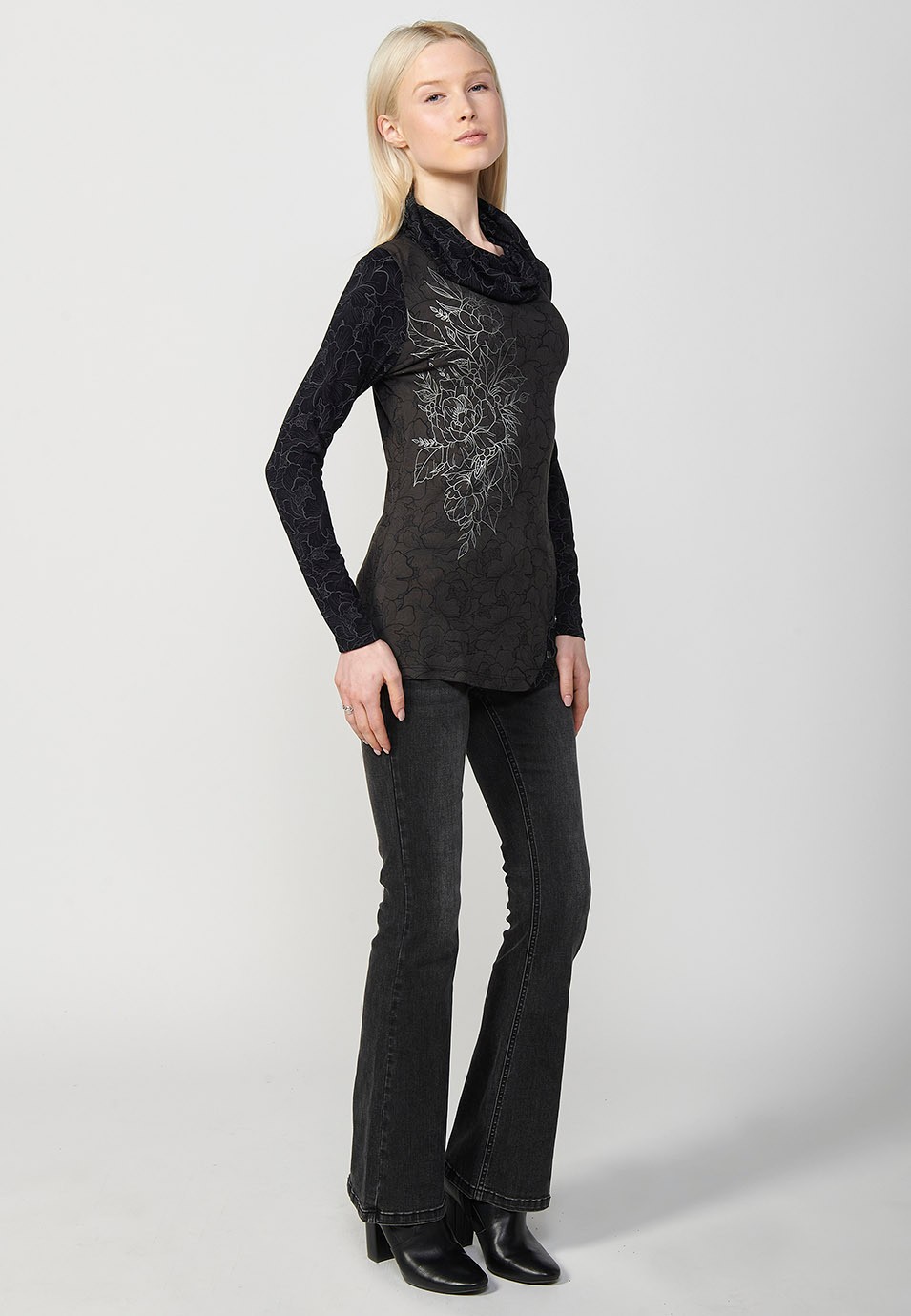 Women's Long Sleeve High Neck T-Shirt with Foil Detail on Right Shoulder in Grey