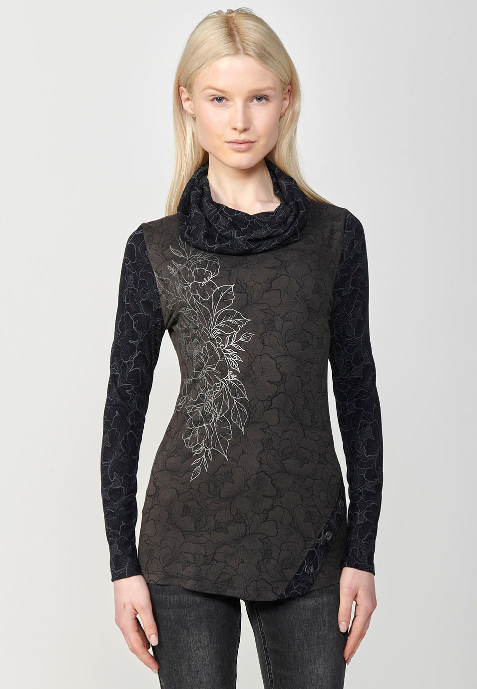 Women's Long Sleeve High Neck T-Shirt with Foil Detail on Right Shoulder in Grey