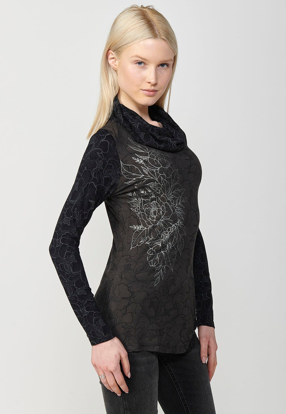 Women's Long Sleeve High Neck T-Shirt with Foil Detail on Right Shoulder in Grey