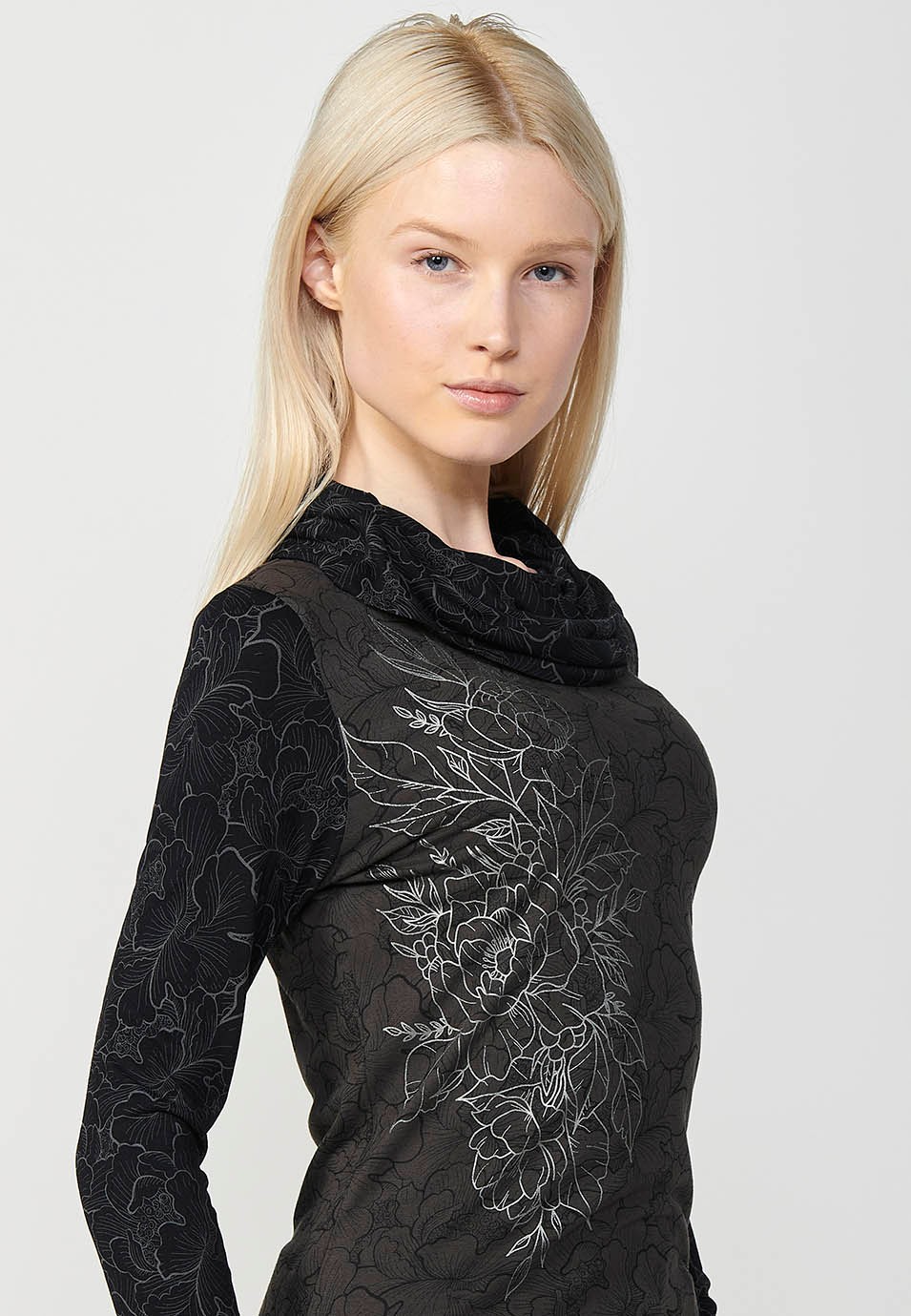 Women's Long Sleeve High Neck T-Shirt with Foil Detail on Right Shoulder in Grey