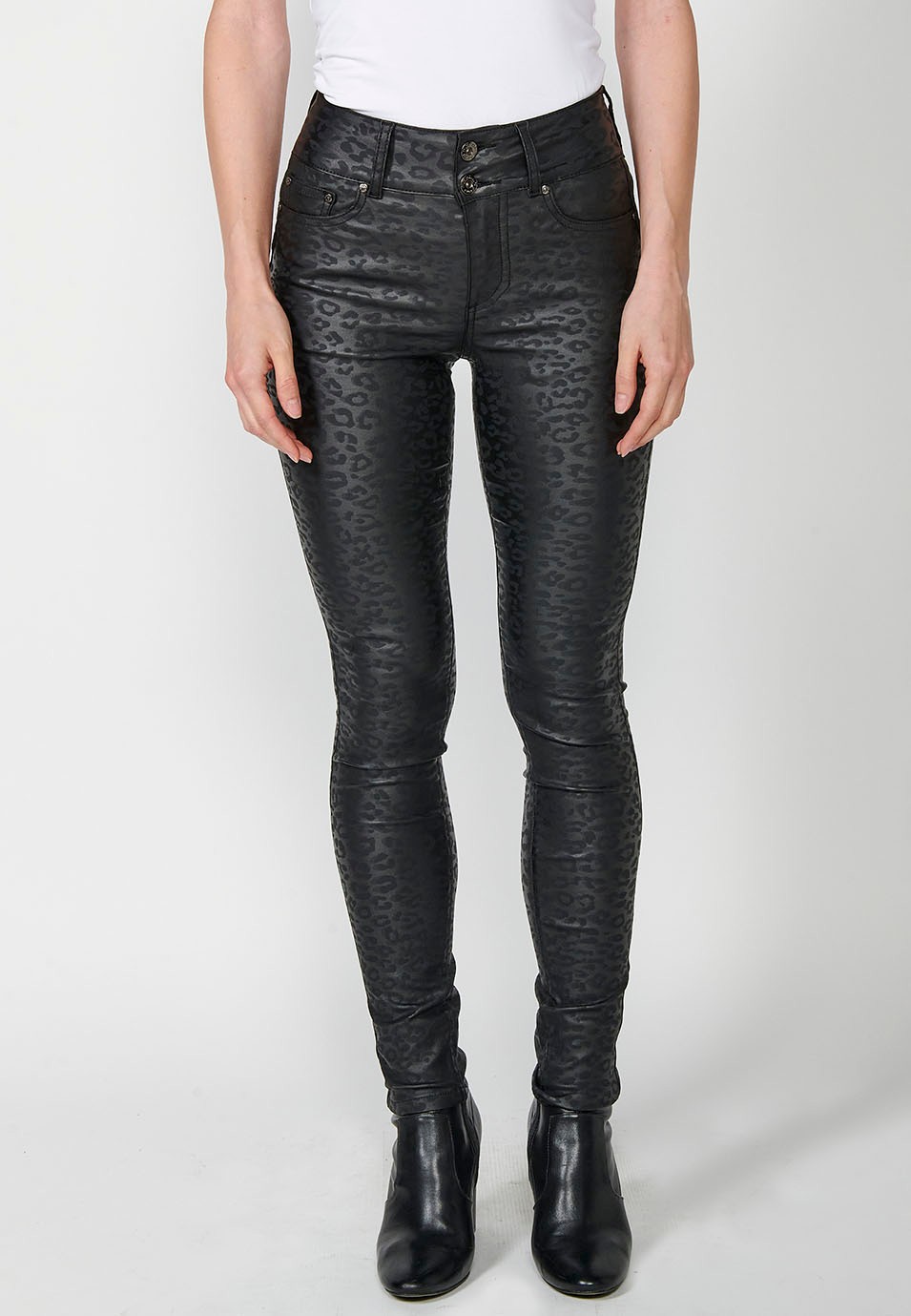 Straight five-pocket denim pants with black leopard print for women
