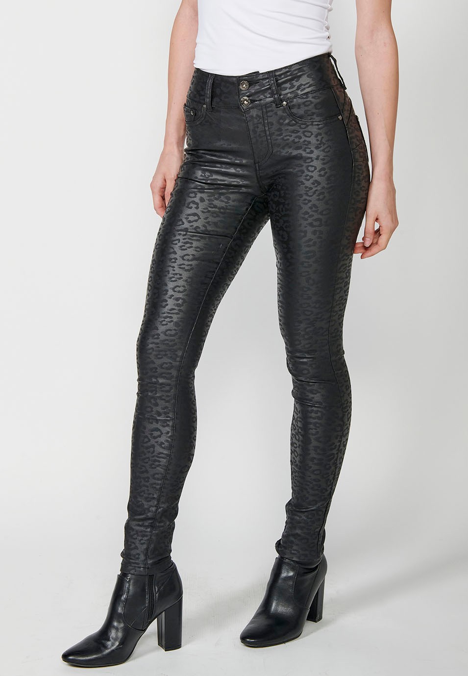 Straight five-pocket denim pants with black leopard print for women