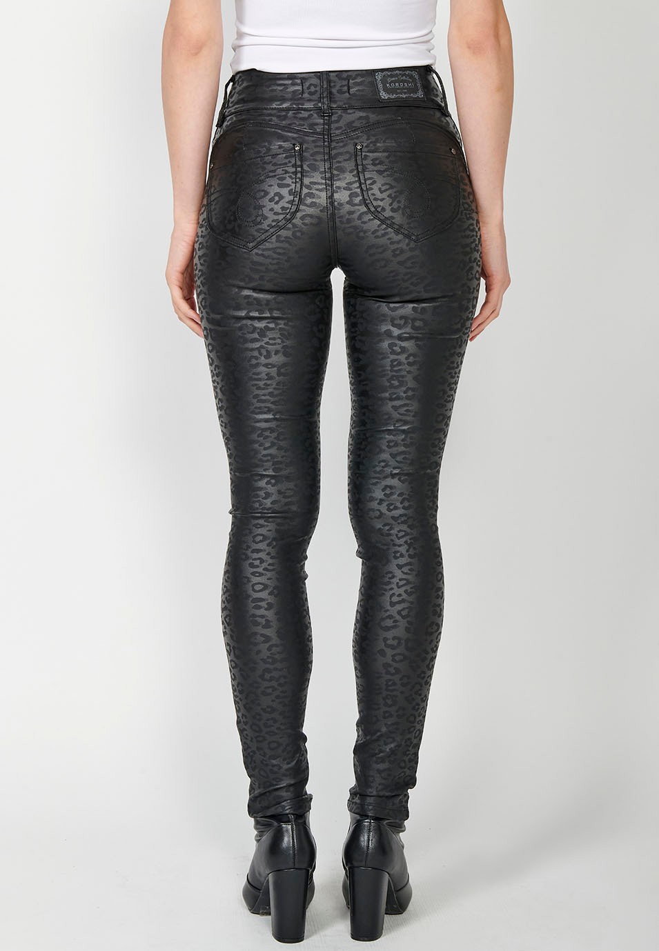 Straight five-pocket denim pants with black leopard print for women