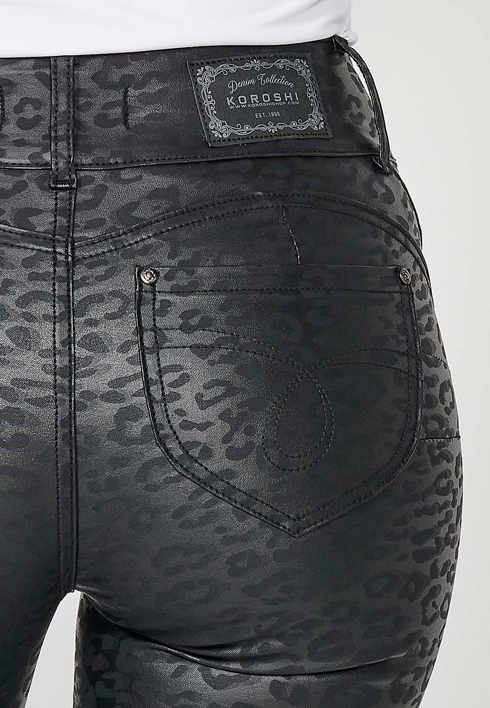 Straight five-pocket denim pants with black leopard print for women