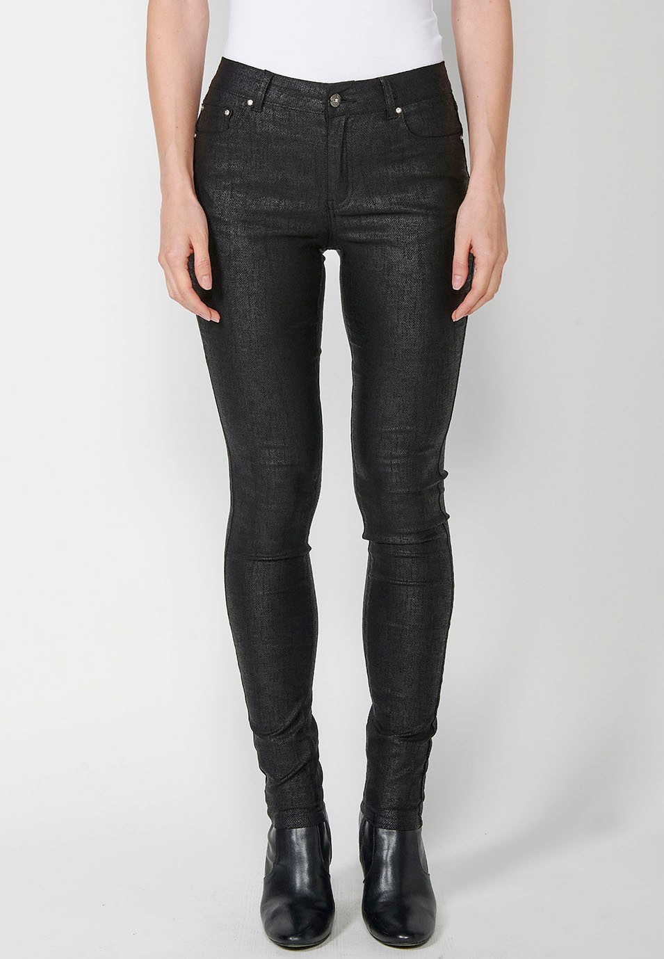 Pantalons cinc butxaques Slim Fit recte amb estampat textura color Negre per a Dona
