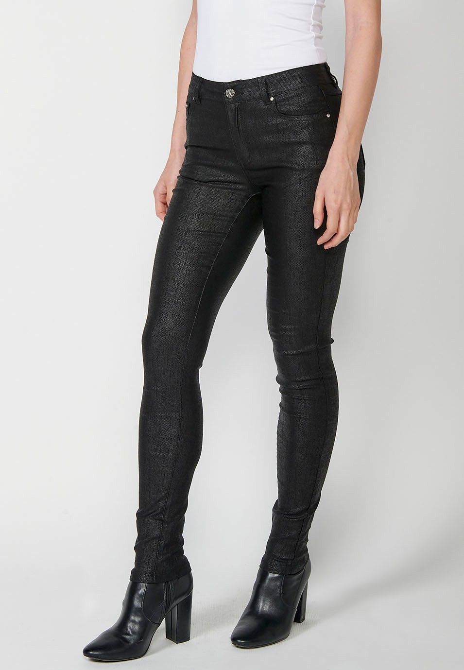 Pantalons cinc butxaques Slim Fit recte amb estampat textura color Negre per a Dona