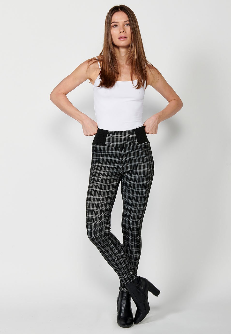 Pantalons leggins teixit punt roma de quadres blanc i negre amb cintura goma ampla amb botons d'adorn color Negre per a Dona