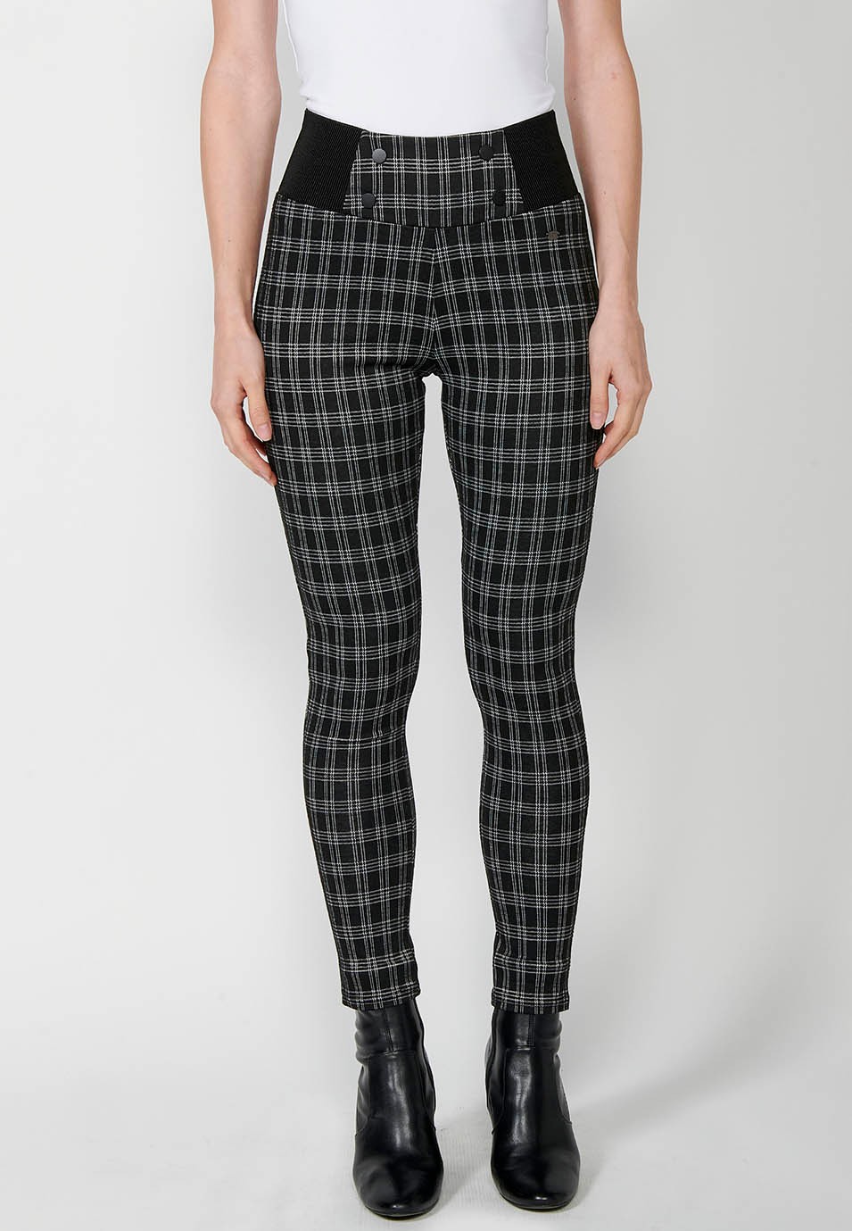 Pantalons leggins teixit punt roma de quadres blanc i negre amb cintura goma ampla amb botons d'adorn color Negre per a Dona
