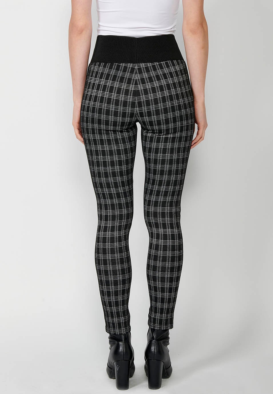 Pantalons leggins teixit punt roma de quadres blanc i negre amb cintura goma ampla amb botons d'adorn color Negre per a Dona