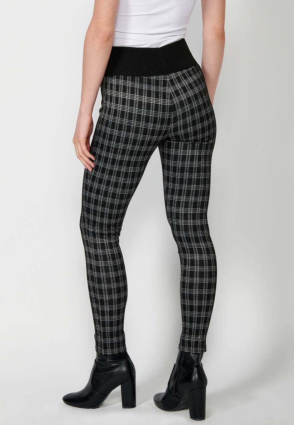 Pantalons leggins teixit punt roma de quadres blanc i negre amb cintura goma ampla amb botons d'adorn color Negre per a Dona