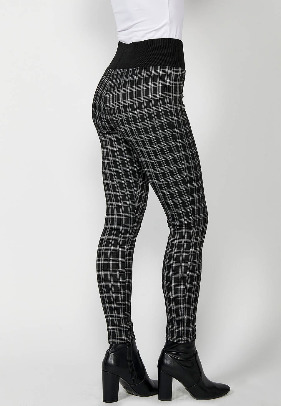 Pantalons leggins teixit punt roma de quadres blanc i negre amb cintura goma ampla amb botons d'adorn color Negre per a Dona