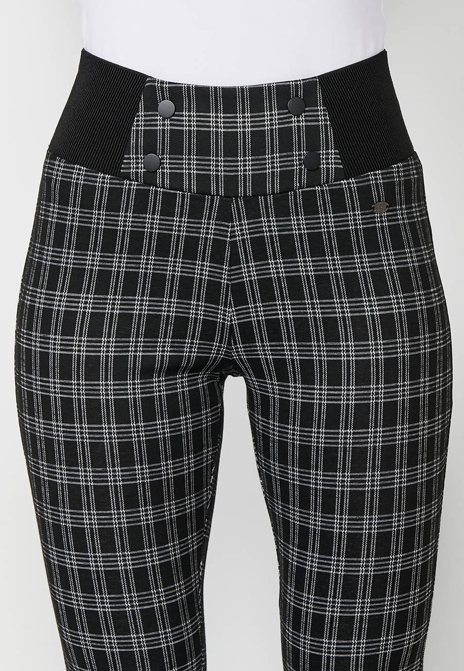Pantalons leggins teixit punt roma de quadres blanc i negre amb cintura goma ampla amb botons d'adorn color Negre per a Dona