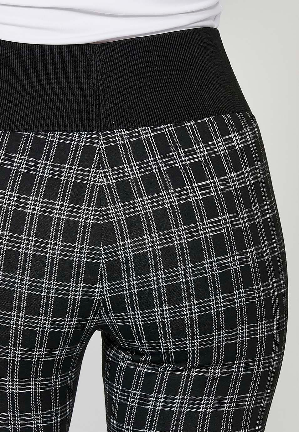 Pantalons leggins teixit punt roma de quadres blanc i negre amb cintura goma ampla amb botons d'adorn color Negre per a Dona