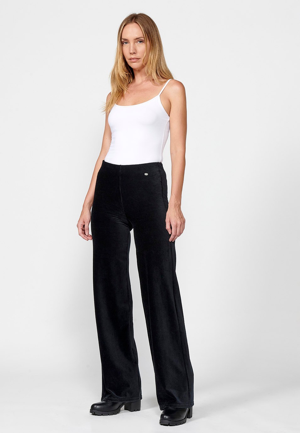 Women's Black High Waist Flare Wide Leg Pants with Rubberized Waist and Textured Velvet Fabric
