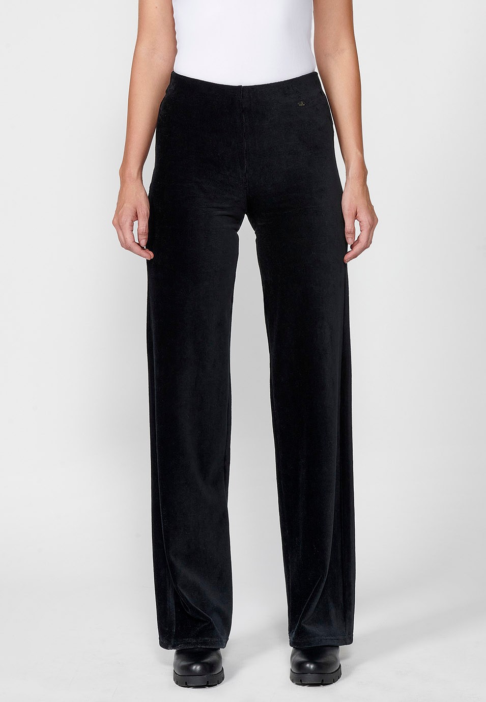 Women's Black High Waist Flare Wide Leg Pants with Rubberized Waist and Textured Velvet Fabric