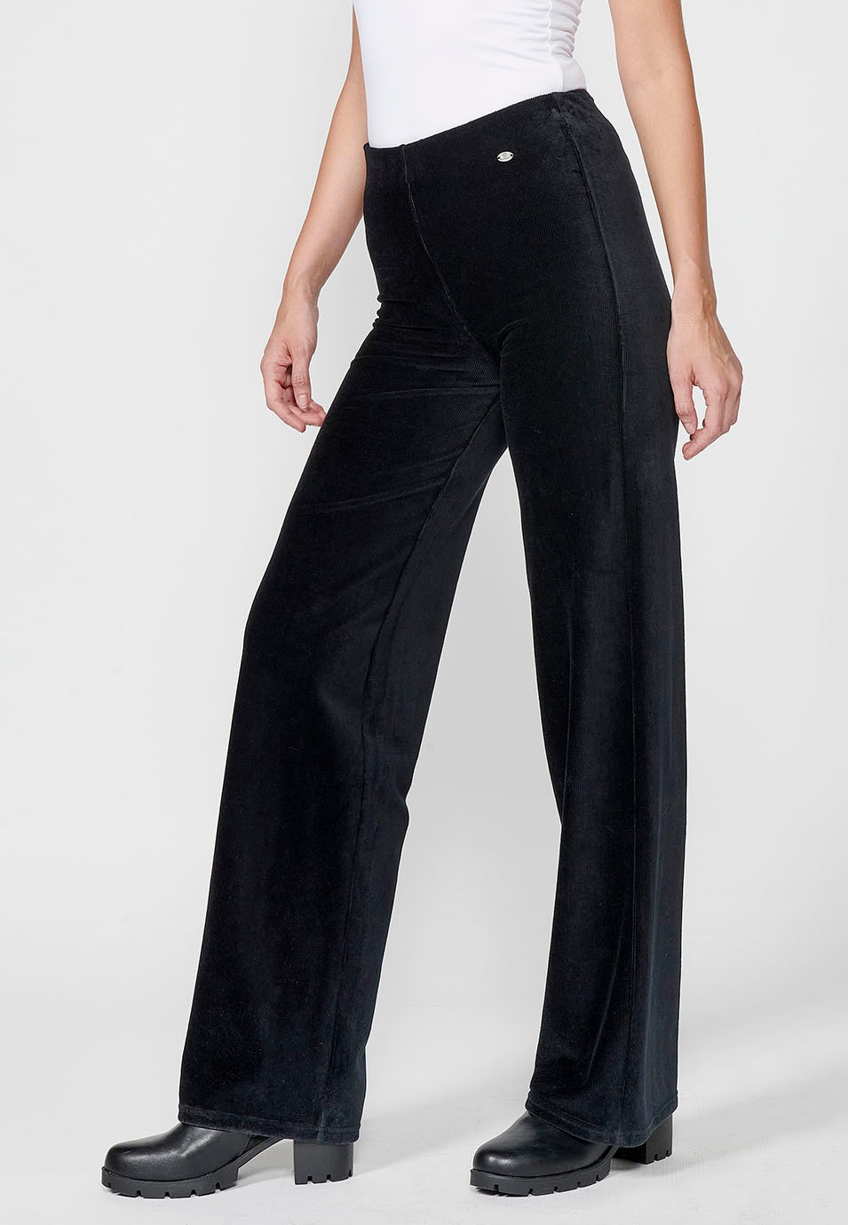 Women's Black High Waist Flare Wide Leg Pants with Rubberized Waist and Textured Velvet Fabric