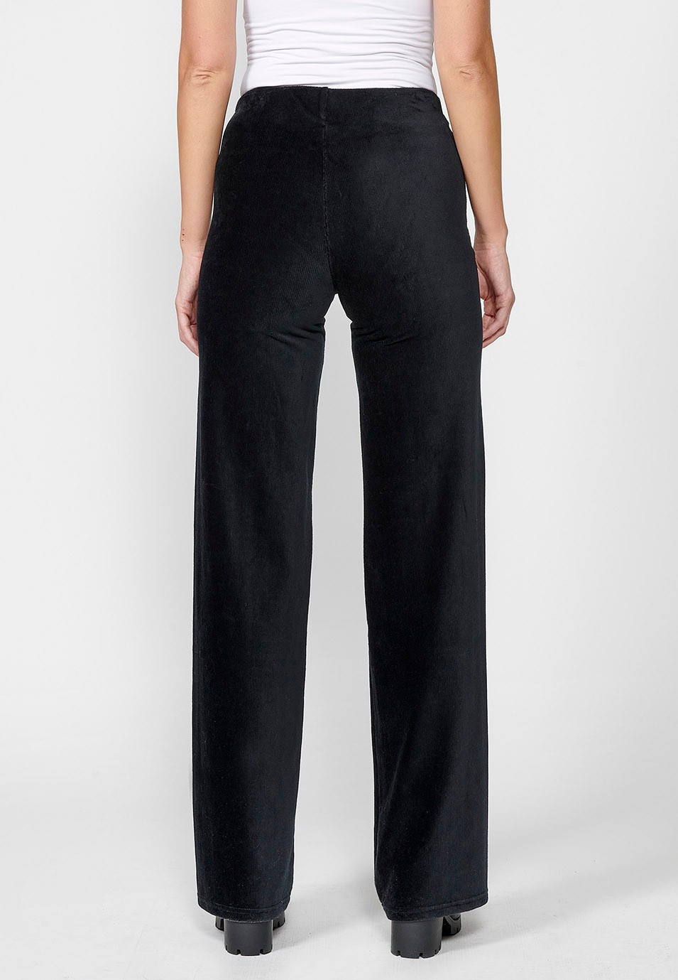 Women's Black High Waist Flare Wide Leg Pants with Rubberized Waist and Textured Velvet Fabric