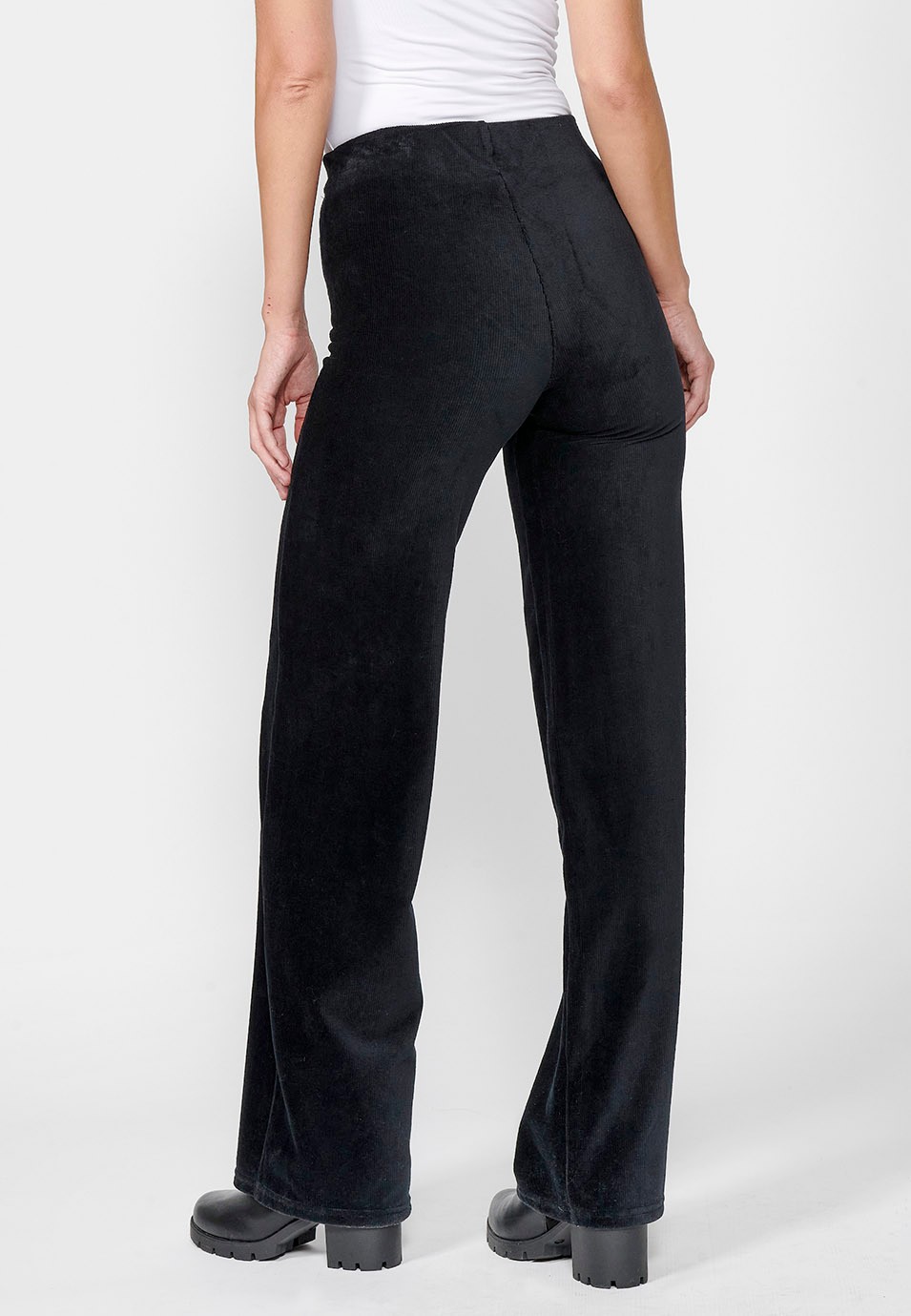 Women's Black High Waist Flare Wide Leg Pants with Rubberized Waist and Textured Velvet Fabric