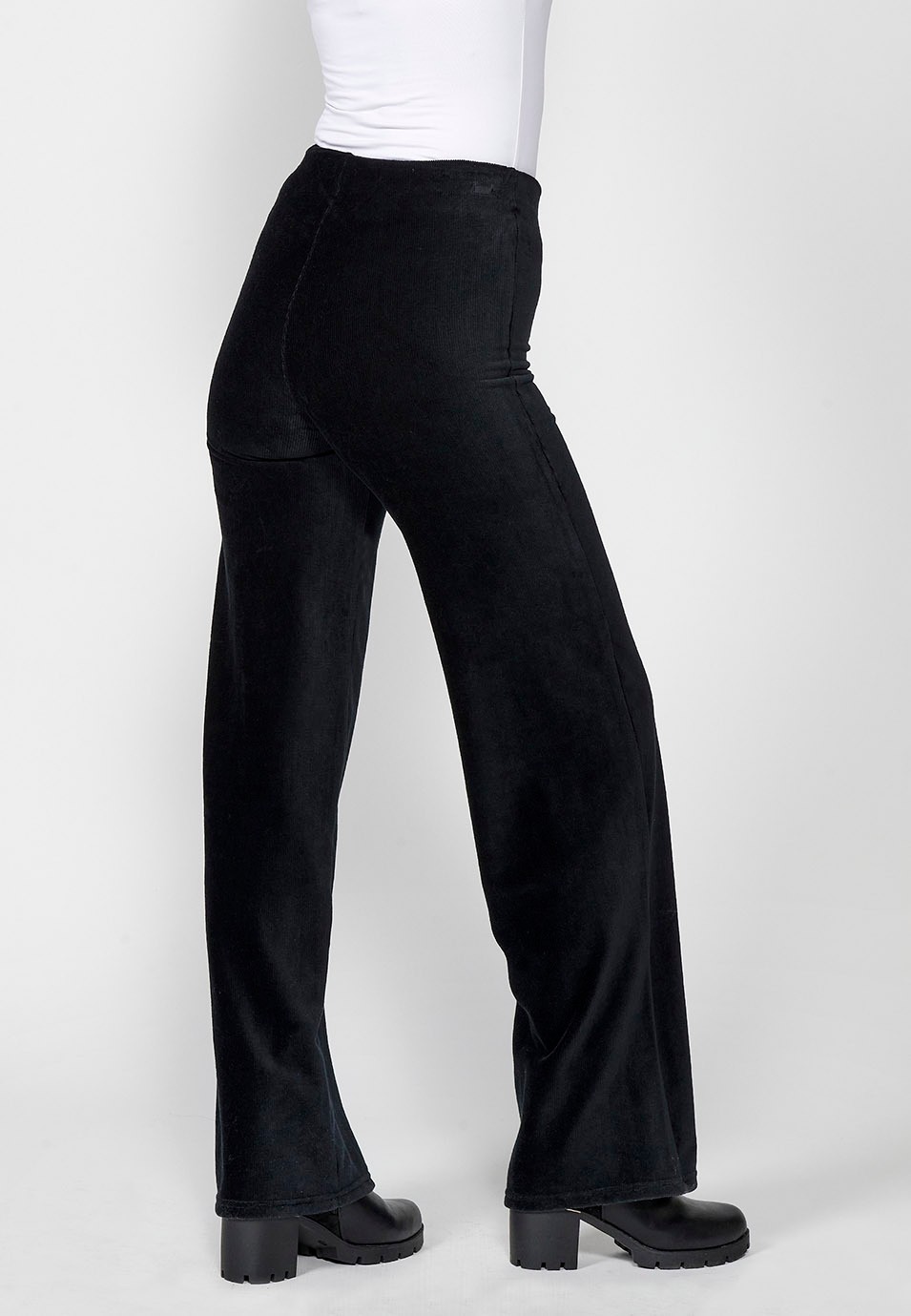 Women's Black High Waist Flare Wide Leg Pants with Rubberized Waist and Textured Velvet Fabric