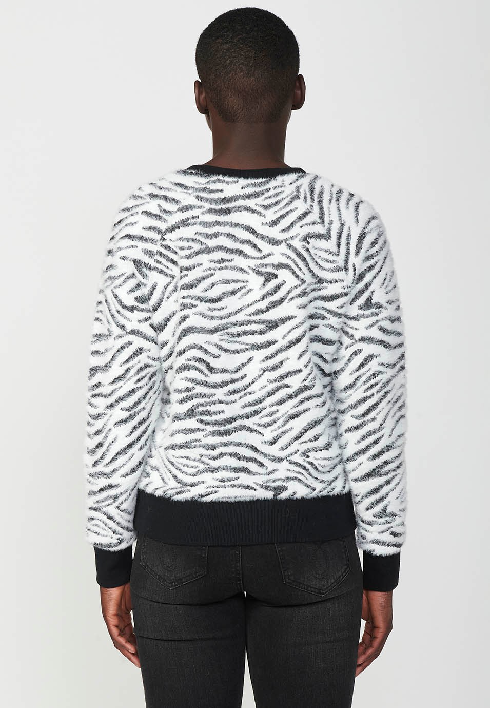 Jersei punt tricot de màniga llarga amb Coll de bec, estil jacquard de zebra en blanc i negre per a Dona