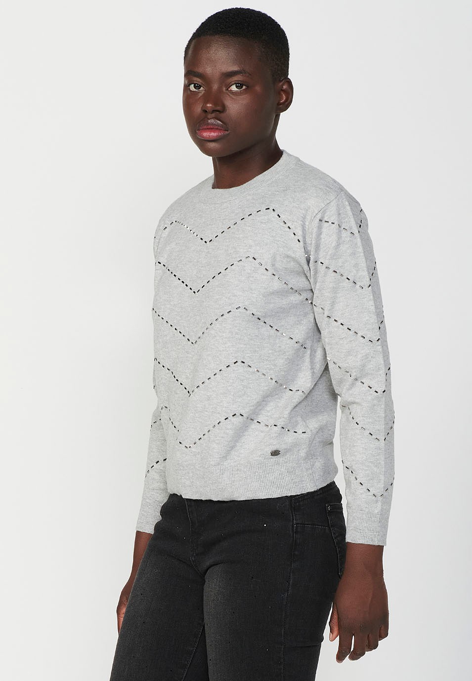 Rundhalspullover mit Zickzack-Glitzerdetail für Damen in Hellgrau